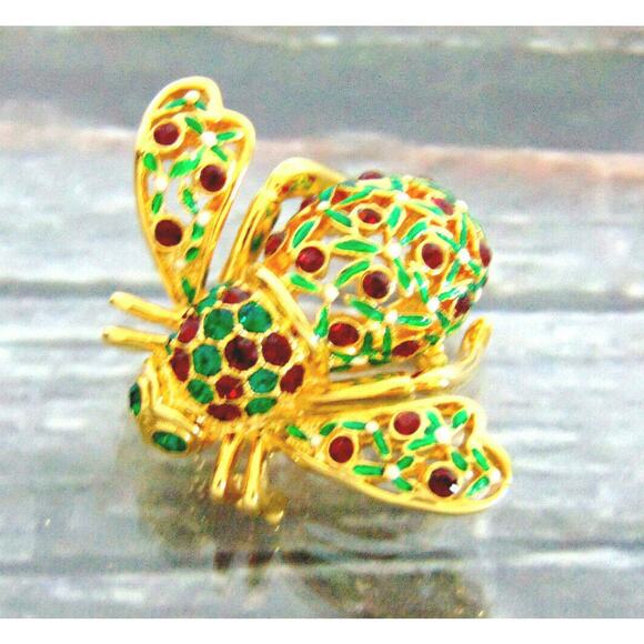 Joan Rivers HOLLY JOLLY BEE PIN BROOCH Holiday Christmas Holly Berries Green Red - Picture 7 of 9